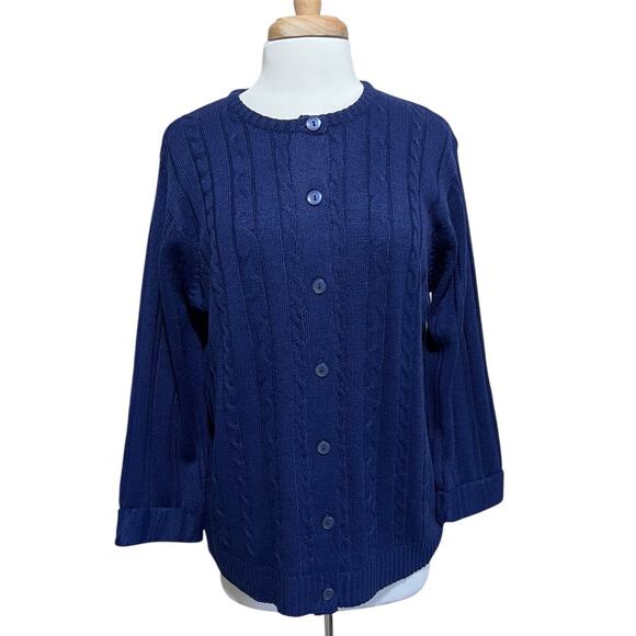 Vintage Sara Morgan Cable Knit Button Down Cardigan Sweater Women's L Blue - Picture 1 of 6